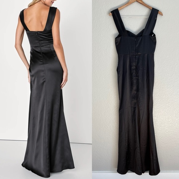 Stunning Arrival Black Satin Off-The-Shoulder Maxi Dress - Picture 3 of 11